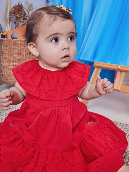 Vestido Infantil Momi Vermelho Gola Inglesa Bordada na EuroBabyKids